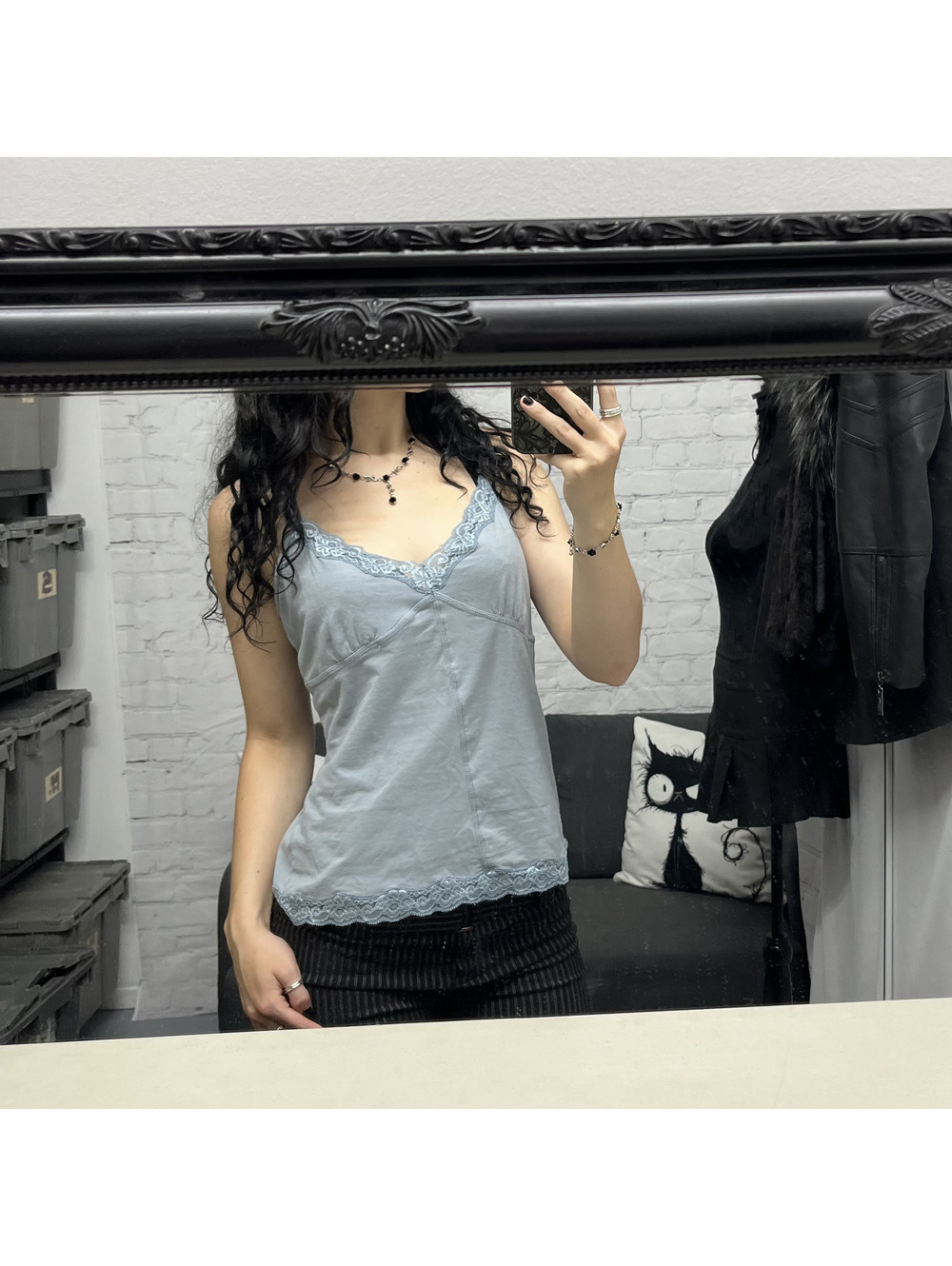 Y2K Mexx Grey Ish Blue Lace Trim Camisole Sz L Coquette 2000s Bella Swan Fairy - Picture 2 of 9